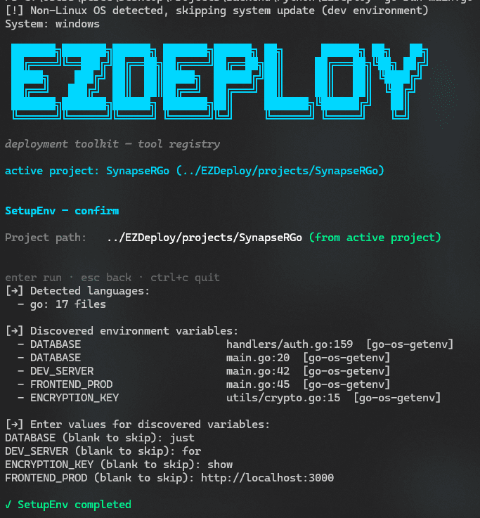 EZDeploy discovering environment variables and their source locations