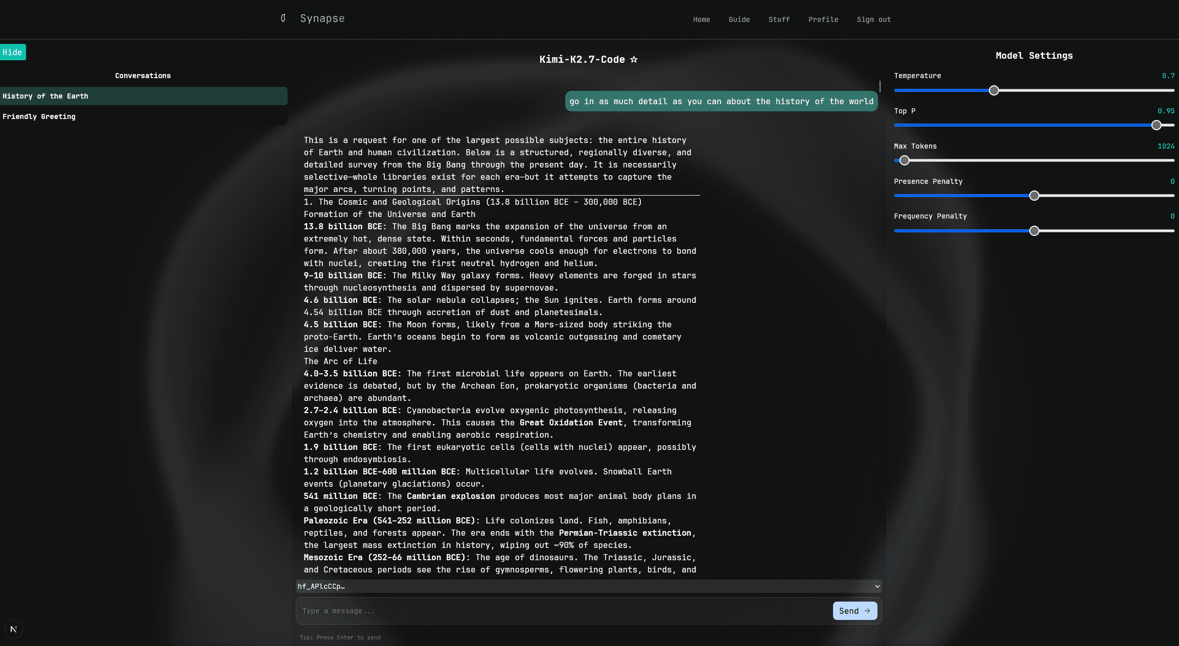 Synapse conversation workspace with persistent model chat history