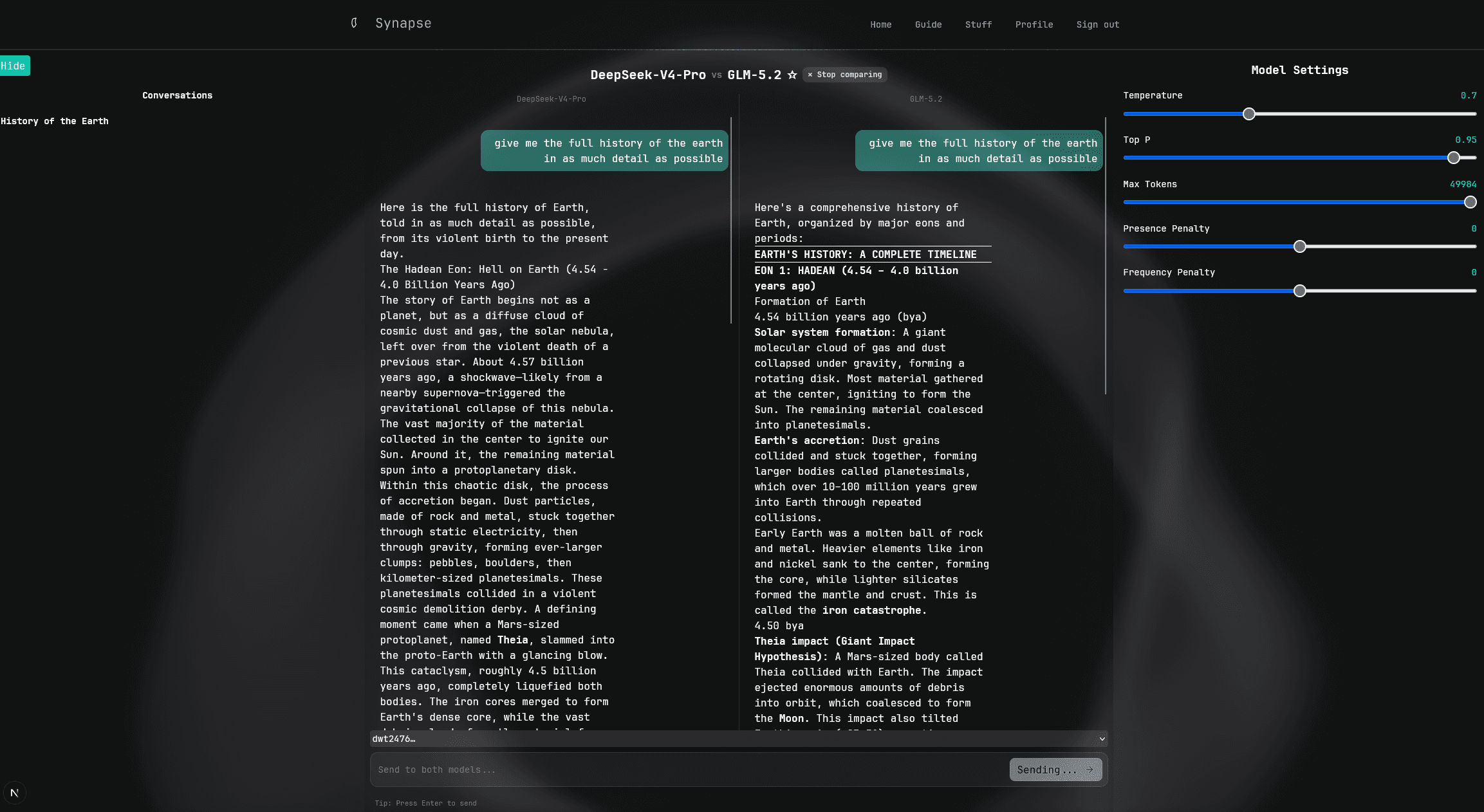 Synapse side-by-side model comparison with two streamed responses