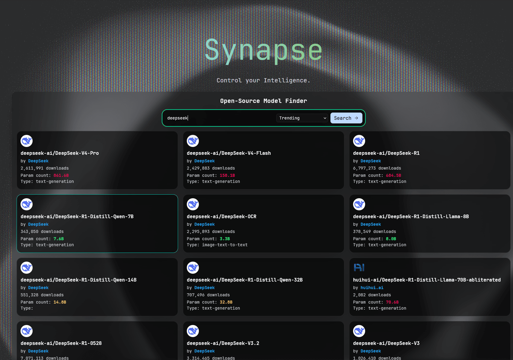 Synapse model search results showing open-source model metadata