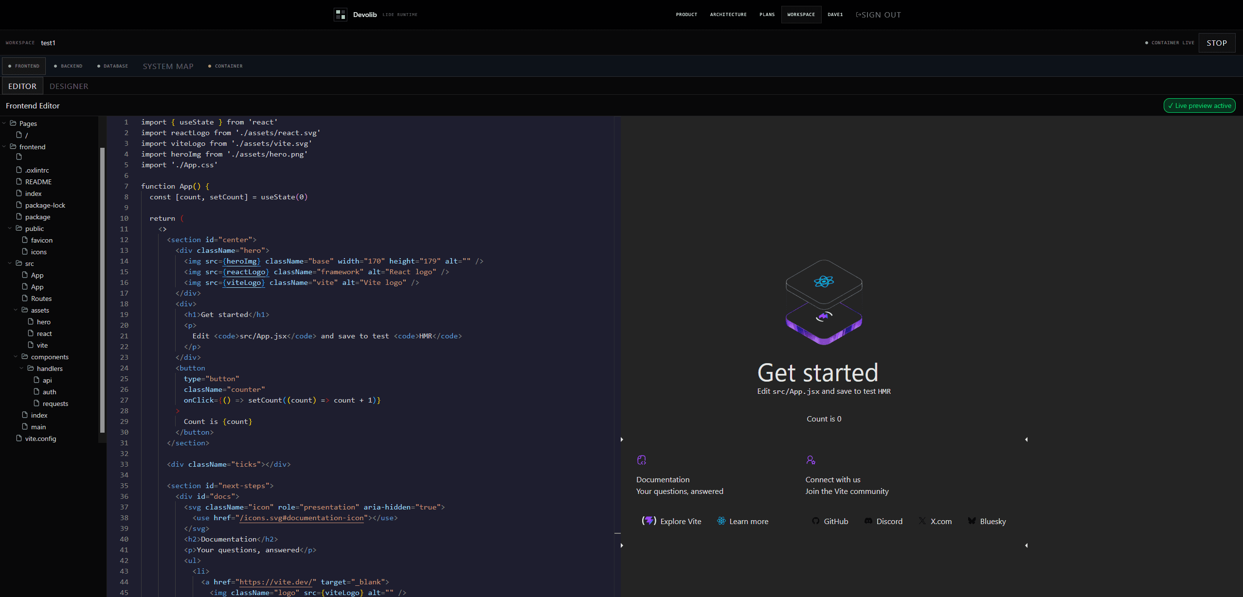Devolib runtime showing source editing beside a live reverse-proxied frontend preview